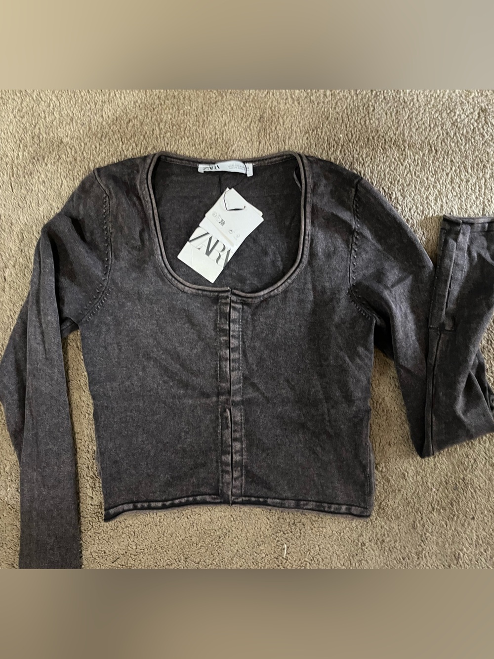 Zara Charcoal Scoop Neck hook button down long sleeve top